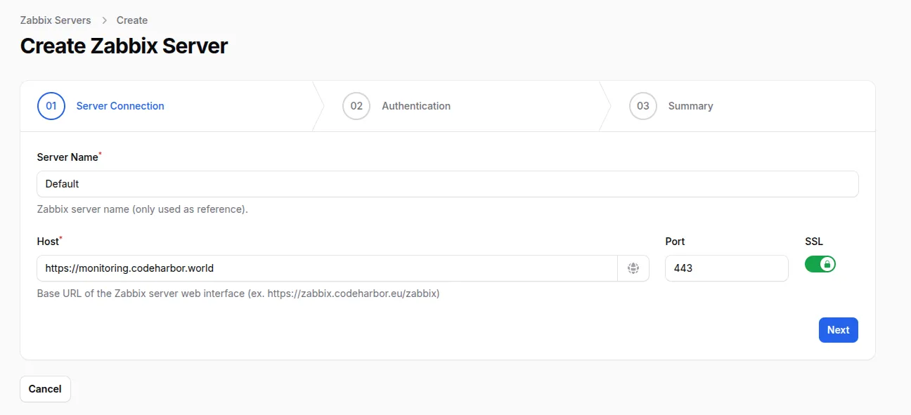Zabbix Server Wizard Step 1